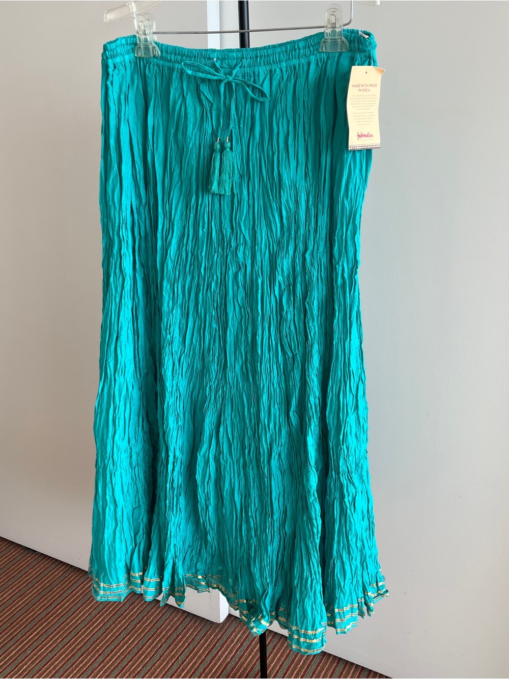NWT Fabindia Long Skirt Crinkle 100% Cotton Turquoise & gold Waist 32 -34" L / M